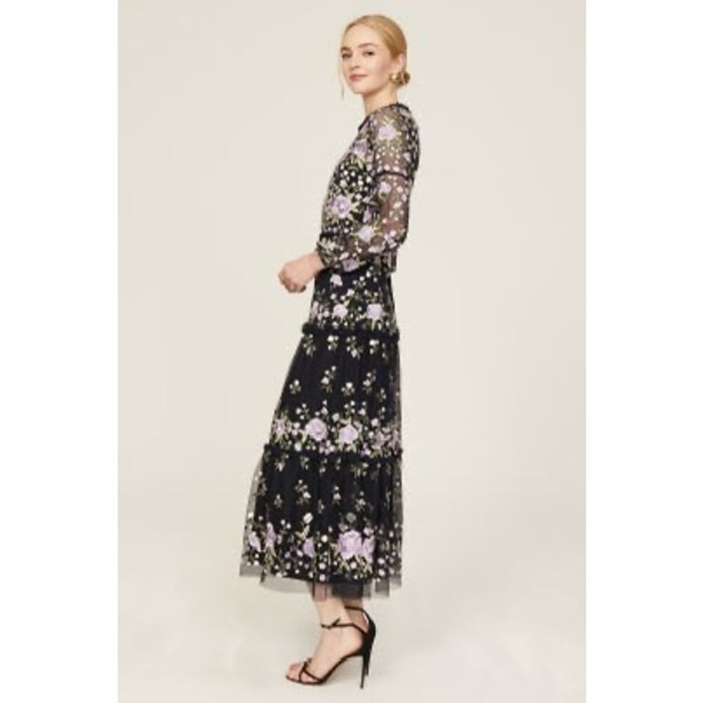 MAC DUGGAL Purple Embroidered Puff Sleeve Floral Tiered Dress Gown Size 6 - Picture 2 of 9